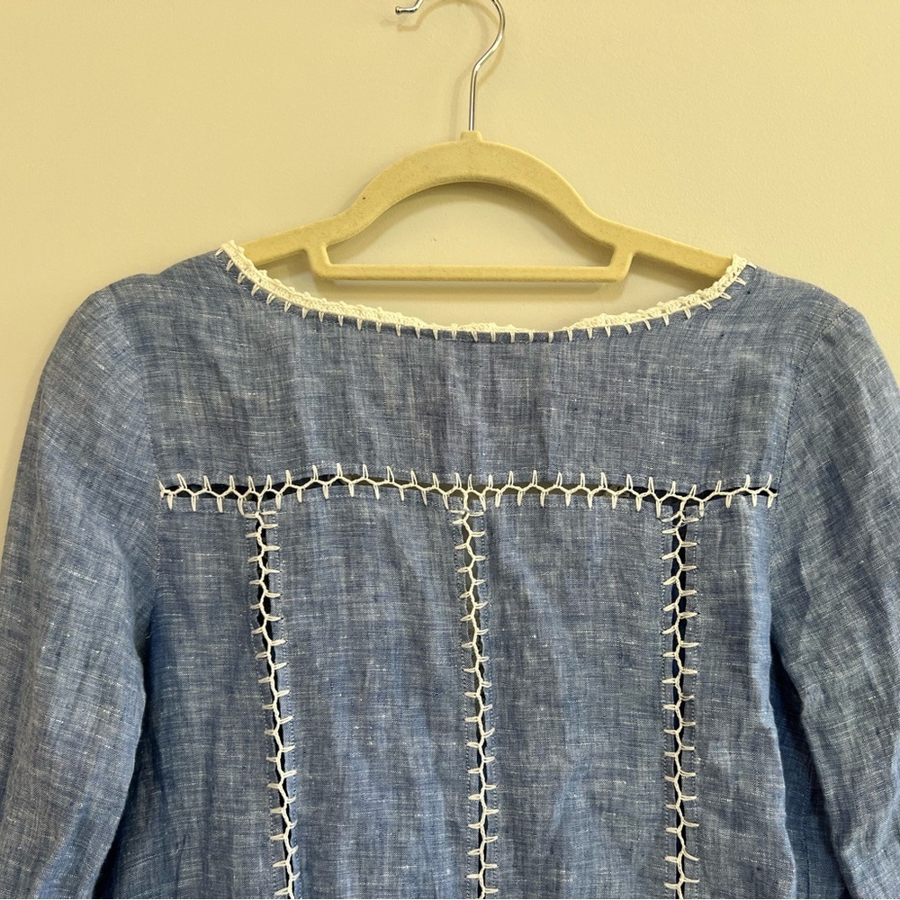 Joie Warby 100% Linen Blue Tunic Dress Cover Up with Embroidery,  XXS - Picture 6 of 11